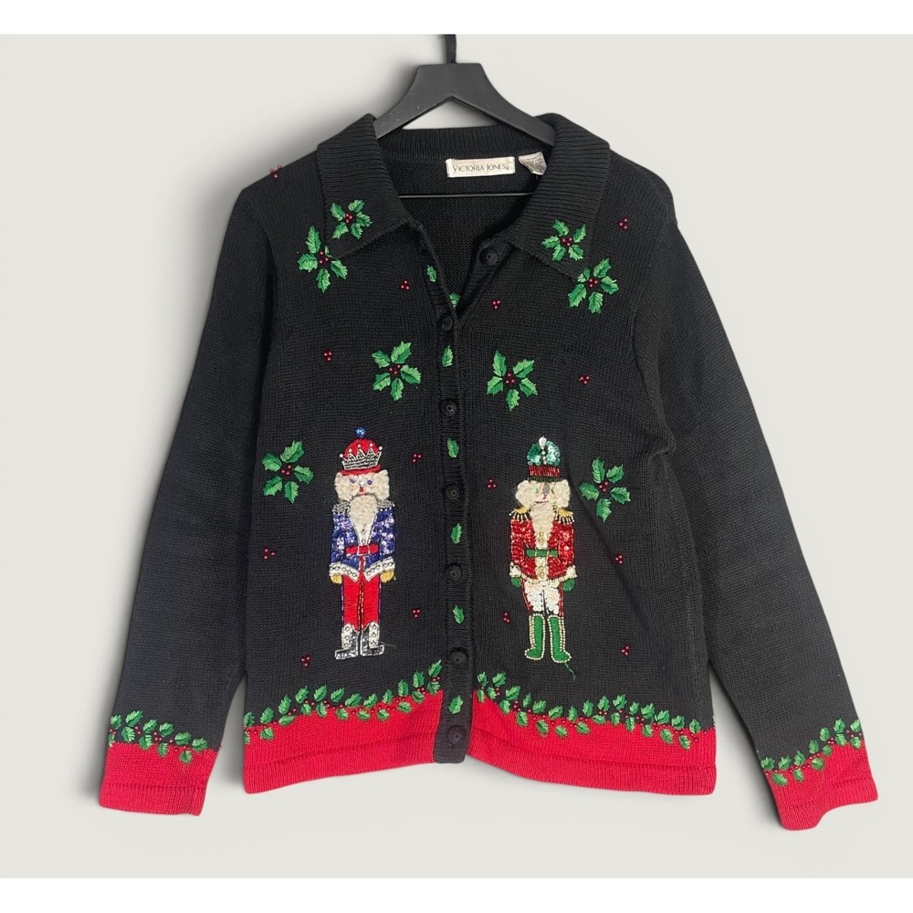 Victoria Jones Vintage Christmas Nutcracker Sequin Cardigan Sweater Black Small